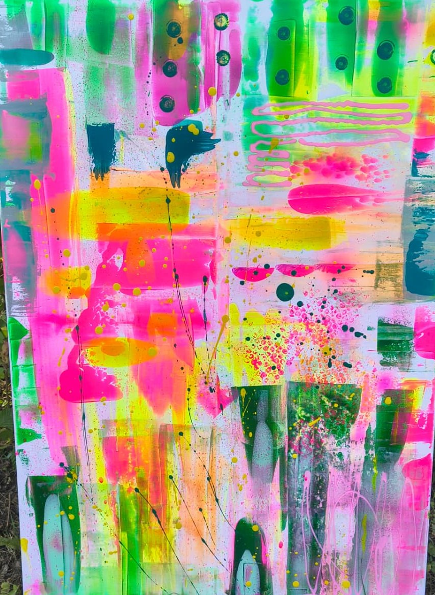 Abstraktes Originalkunstwerk von Nicis Farbrausch in Neonpink, Grün und Gelb
